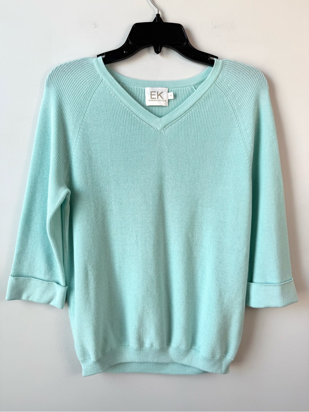 EK Edinburgh Knitwear V-Neck 3/4 Sleeve Pima Cotton Sweater Aqua Blue S